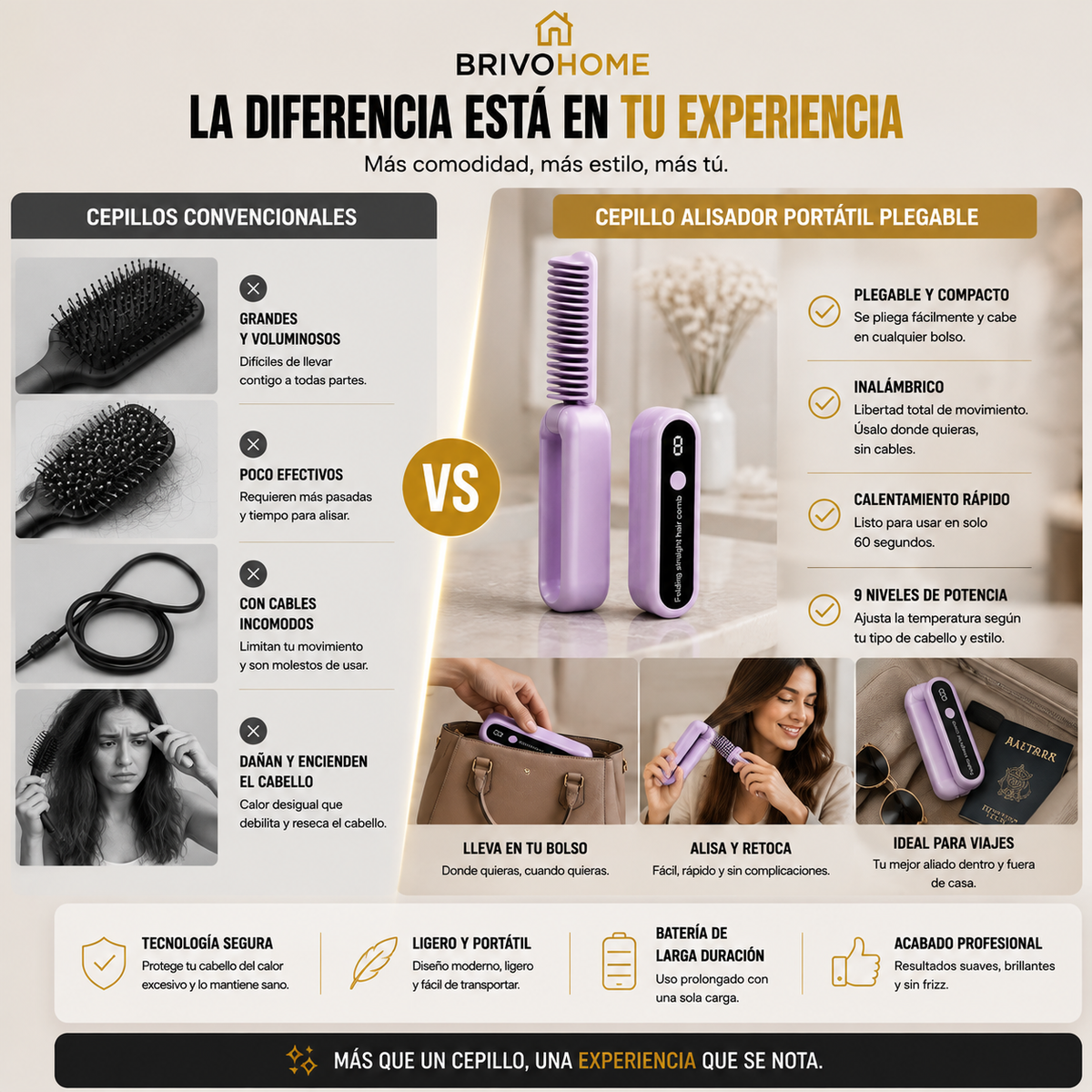 Cepillo Alisador Portátil y Plegable